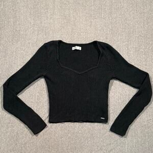 Hollister long sleeve top womens medium black sweetheart neck ribbed knit shirt